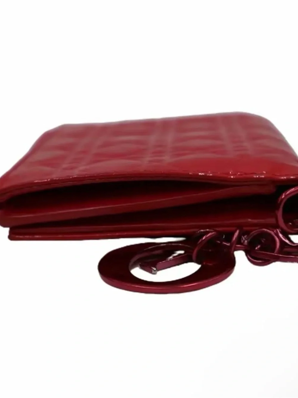 Pre-Owned Lady Dior Red Patent Leather Quilted Wallet with Charm & COA